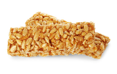 Delicious sweet kozinaki bars on white background