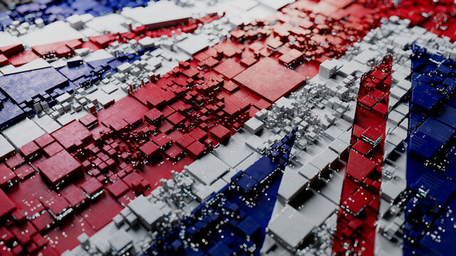 British Flag rendered as Futuristic 3D blocks. United Kingdom Network Concept. Tech Background.