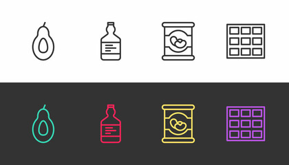 Set line Avocado, Tequila bottle, Beans in can and Chocolate bar on black and white. Vector
