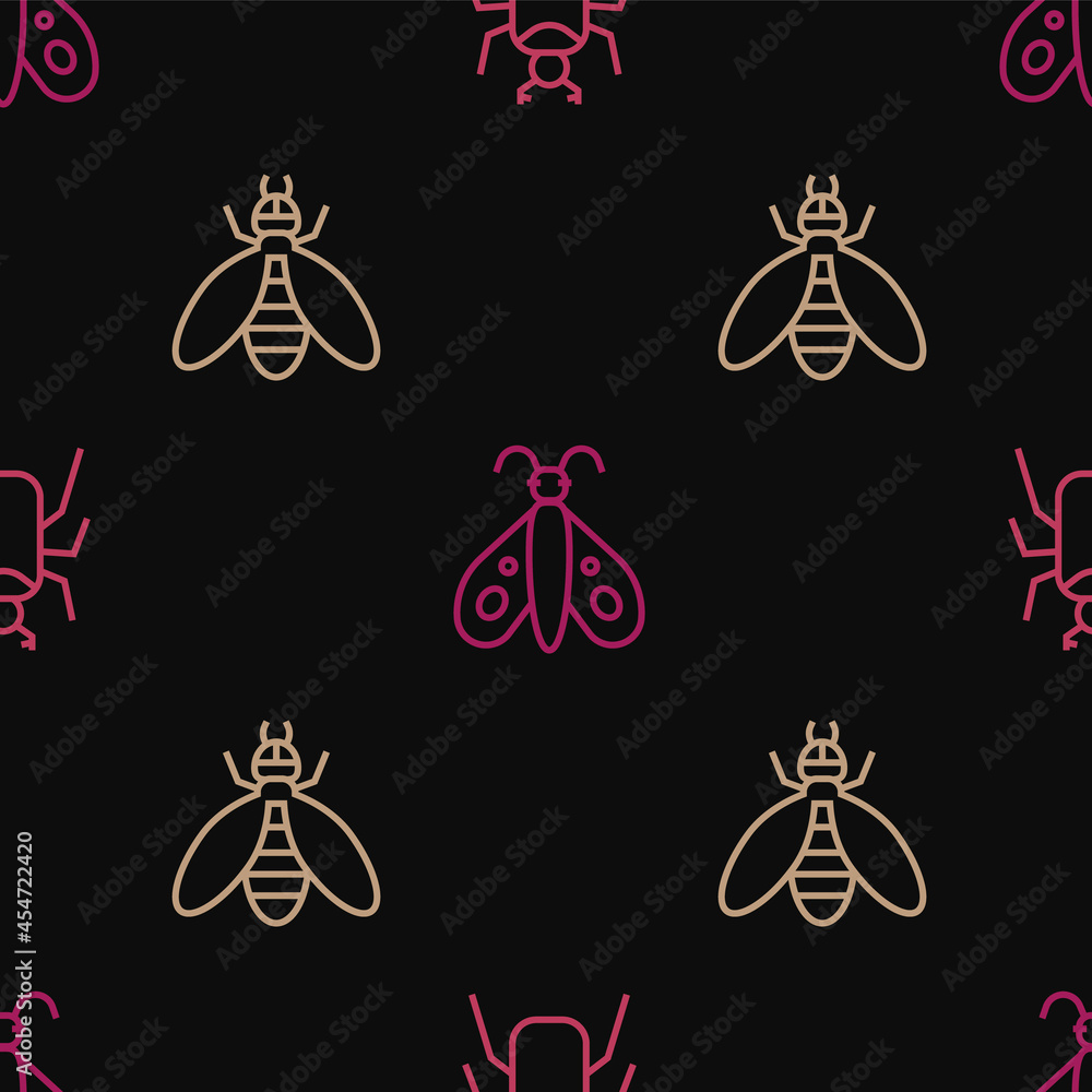 Poster set line beetle bug, and butterfly on seamless pattern. vector