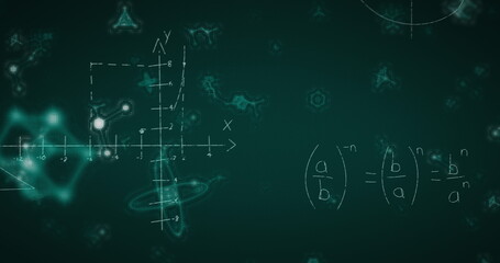 Obraz premium Image of mathematical formula and shapes moving on green background