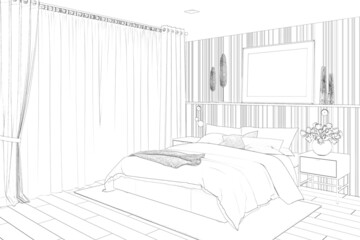 Sketch of the bedroom with curtains on a large window, a horizontal poster on the headboard, a vase of tulips on the nightstand, knitted pillows on the double bed, carpet on the tiled floor. 3d render