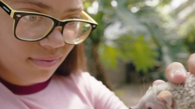 nature girl holding guinea pig at zoo enjoying excursion to wildlife sanctuary student having fun learning about animals 4k