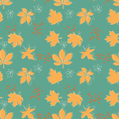 Obraz premium Autumn backgrounds. Seamless pattern with leaves and Doodle objects.