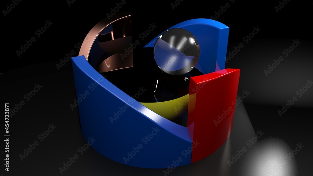Poster abstract geometrical composition of objects - 3d rendering illustration
