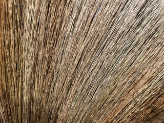 closeup of grass broom on wooden floor background.