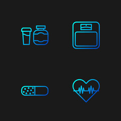 Set line Heart rate, Vitamin pill, Sports nutrition and Bathroom scales. Gradient color icons. Vector