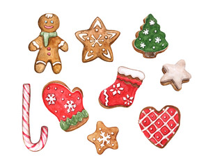 Christmas cookies and sweets watercolor illustration set. Isolated holiday desserts and food elements on white background. Cartoon style painting.