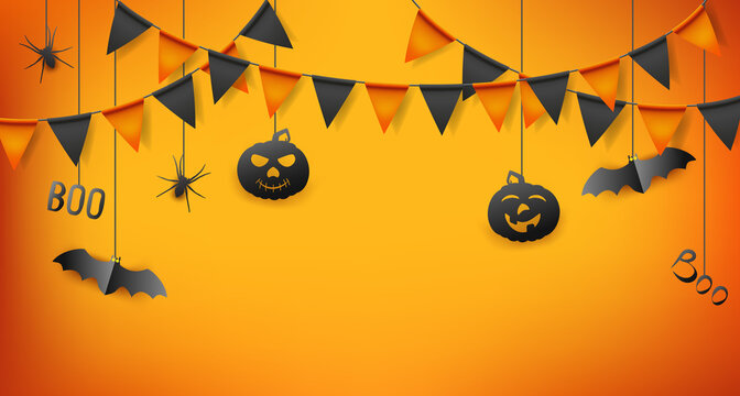 Halloween poster with flags garland, bats and pumpkin on orange background.