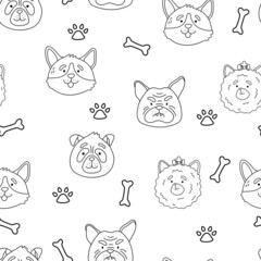 Fluffy shaggy little dogs breed pomeranian, pug, bulldog, corgi  seamless pattern. Cartoon animal puppy texture. Vector background for coloring book, t-shirt print, game, textile, wrapping.