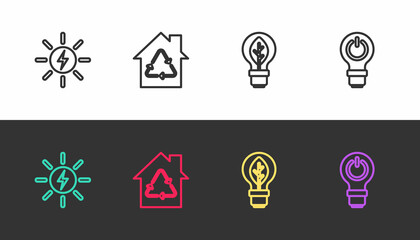 Set line Solar energy panel, Eco House with recycling, Light bulb leaf and lightning on black and white. Vector