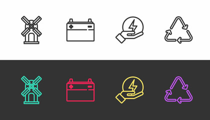 Set line Wind turbine, Car battery, Lightning bolt and Recycle symbol on black and white. Vector