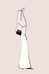 Young stylish woman. Fashion illustration in sketch style. Vector