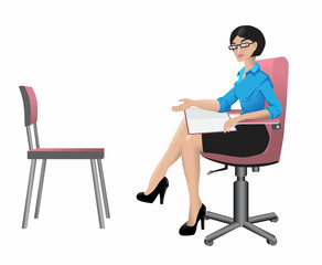 Fototapeta premium A woman is sitting on a chair, documents are lying on her lap. A Girl points to an empty chair opposite her. The boss invites the subordinate. Interview. Vector illustration, realistic style.