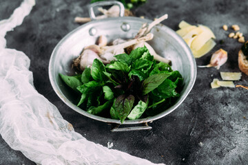 Ingredients for pesto sauce on a gray background. Basil, garlic, parmesan, pine nuts