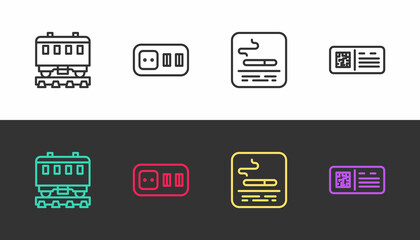 Set line Passenger train cars, Electrical outlet, Smoking area and QR code ticket on black and white. Vector