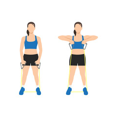 Fototapeta na wymiar Woman doing Cable upright row with resistance band exercise. Flat vector illustration isolated on white background