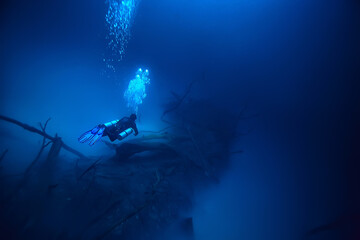 cenote angelita, mexico, cave diving, extreme adventure underwater, landscape under water fog