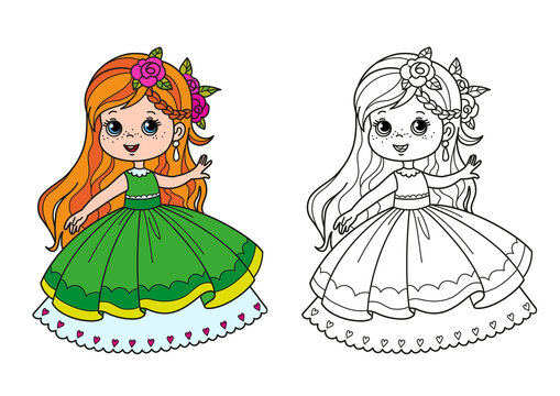 Coloring book with a princess in a beautiful fluffy dress. Set with cute little girl in green outfit and black line art. Vector illustration with a task for coloring and an example for children