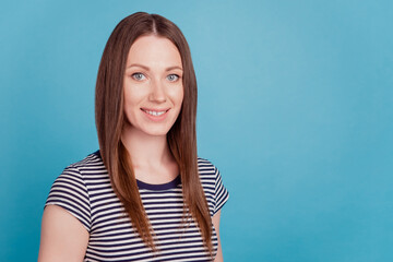 Profile portrait of dreamy charming lady look camera shiny smile on blue background