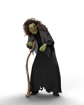 3D rendering of an old haggered Halloween witch in black dress leaning on a walking stick isolated on a white background.