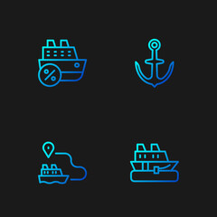 Set line Cruise ship, Ship line path, and Anchor. Gradient color icons. Vector