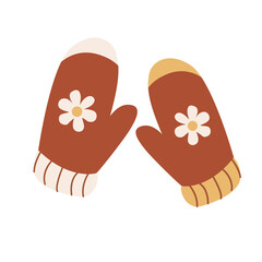 Cute mitten decorated with flowers. Vector hand drawn illustration isolated on white background.  Great for greeting cards. Boho Earth tones.