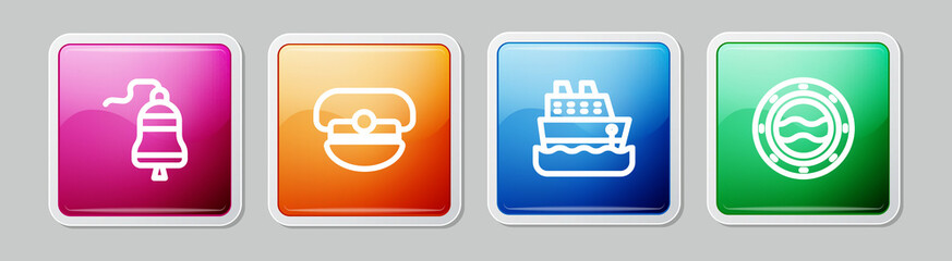 Set line Ship bell, Captain hat, Cruise ship and porthole with seascape. Colorful square button. Vector
