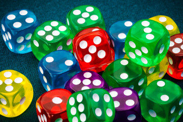 Multi colored game dice shot in close-up