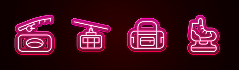 Set line Winter fishing, Cable car, Sport bag and Skates. Glowing neon icon. Vector