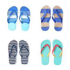 Set with different flip flops on white background, top view