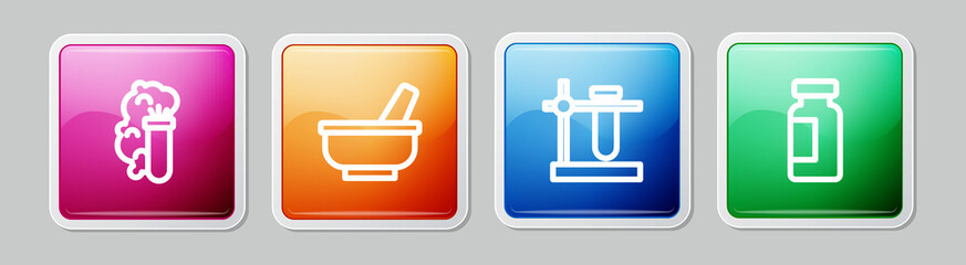 Set line Chemical explosion, Mortar and pestle, Test tube flask stand and . Colorful square button. Vector