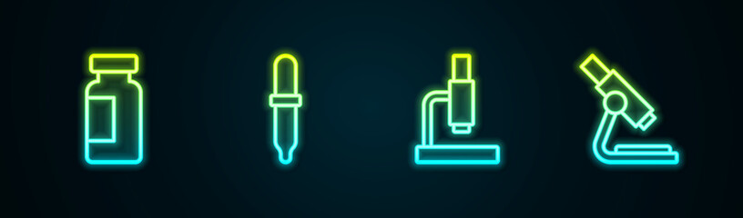 Set line Test tube and flask, Pipette, Microscope and . Glowing neon icon. Vector
