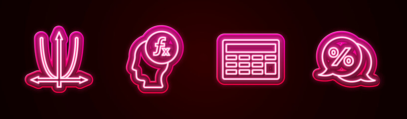 Set line Graph, schedule, chart, diagram, Function mathematical symbol, Calculator and Discount percent tag. Glowing neon icon. Vector