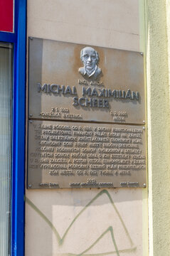Zilina, Slovakia - June 5, 2021: Plaque dedicated to Slovak architect Michal Maximilian Scheer.