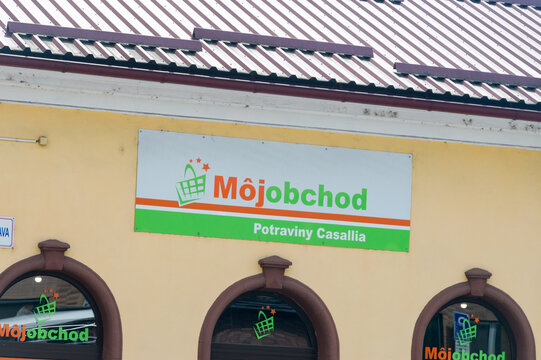 Zilina, Slovakia - June 5, 2021: Logo and sign of Moj obchod shop.