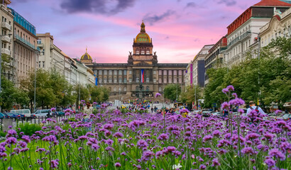 Buildings and houses in the historical center of Prague. Wenceslas Square and the National Museum...