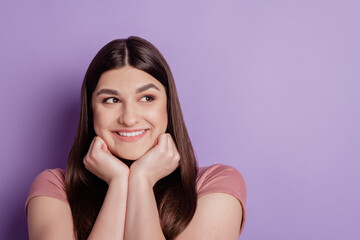 Close up photo of nice attractive girl happy positive smile dream look empty space isolated over violet color background