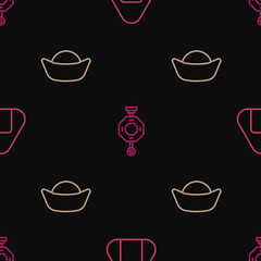 Set line Sushi, and Chinese paper lantern on seamless pattern. Vector