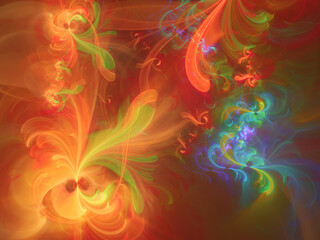 Abstract fractal art background of swirling shapes in vivid psychedelic colors, suggestive of flowers or decorative flourishes.