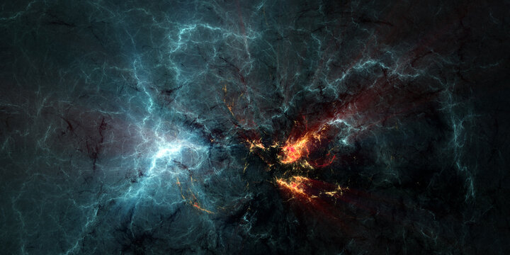 Abstract fractal art banner background suggestive of a supernova or fiery storm in a dark sky with lightning.