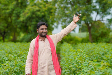 Young indian farmer standing in cotton agriculture field.