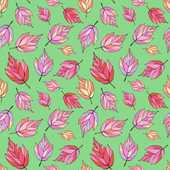 Falling autumn leaves seamless pattern. Colored foliage boundless background. Bright fall endless texture. Red, yellow, orange, green, violet leaves repeating surface design. Colorful autumn backdrop.