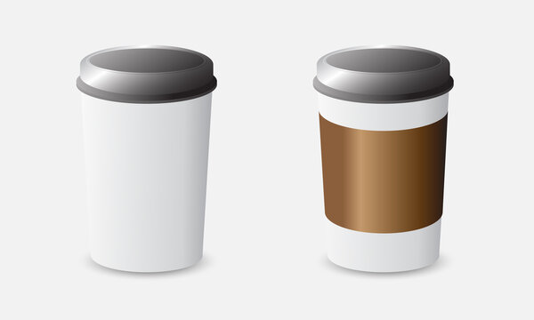 Set of paper coffee cups, white, brown. with black cap and cup holder. Isolated on white background. vector illustration EPS10