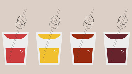 Horizontal minimalist geometric web banner. Background for business, book cover, booklet, advertising, restaurants, menus. Illustration with multicolored cocktails and a straw on beige.