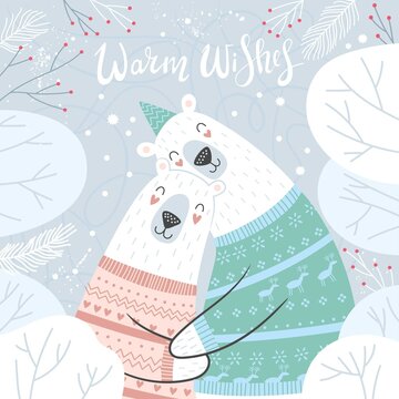 Merry Christmas and Happy Holidays card with cute hugging polar bears. Ideal for print, poster. Vector illustration.