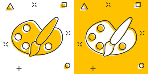 Paint brush icon in comic style. Palette cartoon vector illustration on white isolated background. Painter instrument splash effect business concept.