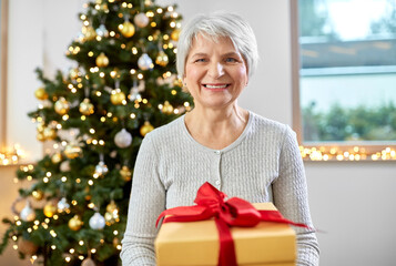 Obraz na płótnie Canvas winter holidays and old people concept - happy smiling senior woman with christmas gift at home