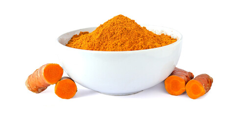 Turmeric roots and turmeric powder in white bowl isolated on white background