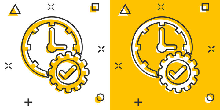Check mark on clock icon in comic style. Gear with time cartoon vector illustration on white isolated background. Production splash effect business concept.